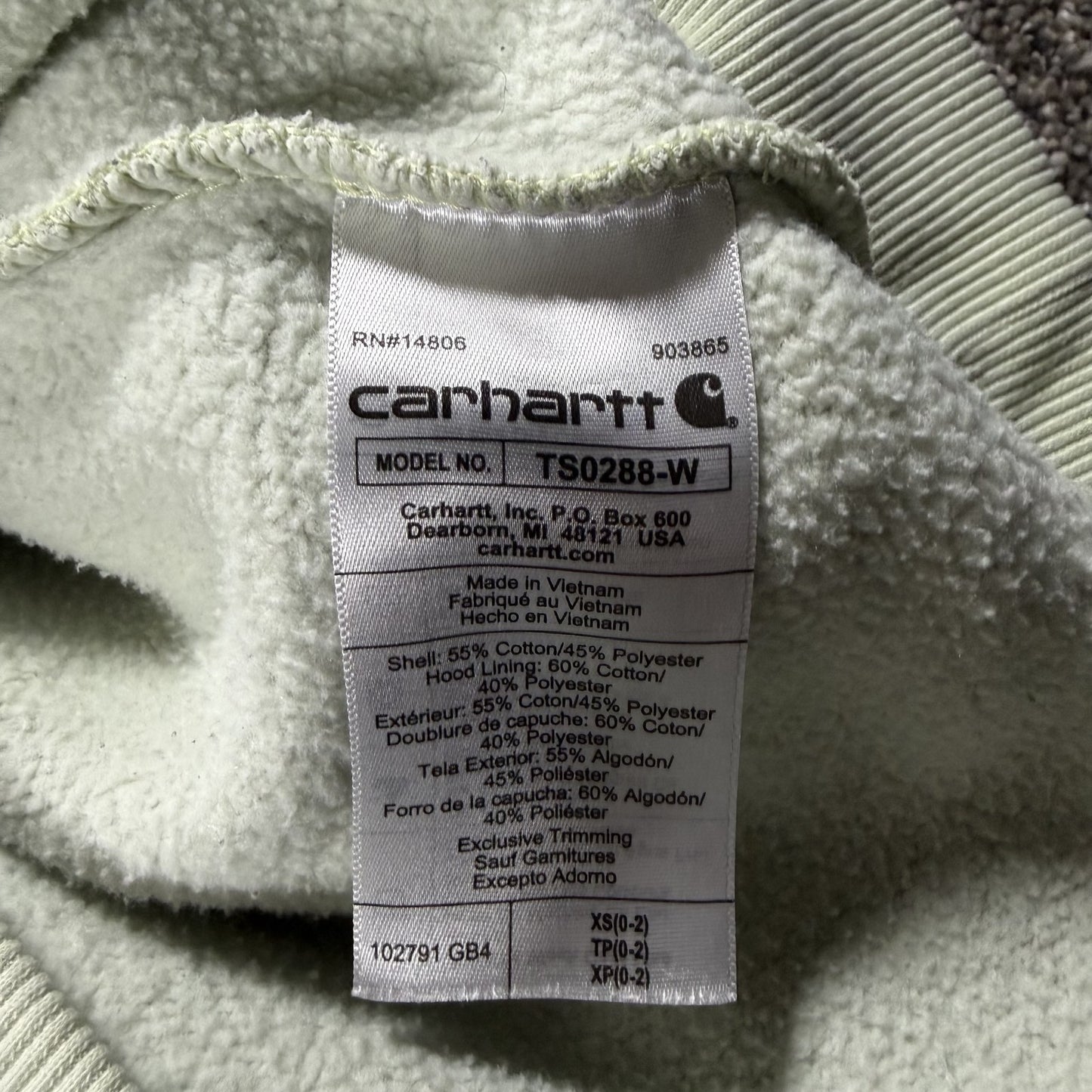Carhartt Womens Hoodie Clarksburg XS Light Green Pullover Spellout Stains