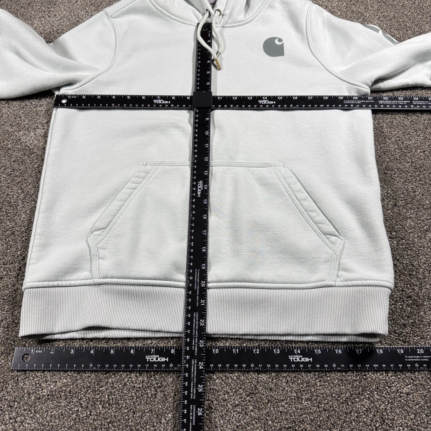 Carhartt Womens Hoodie M 8-10 Relaxed Fit Light Blue Gray Spellout Light Stains