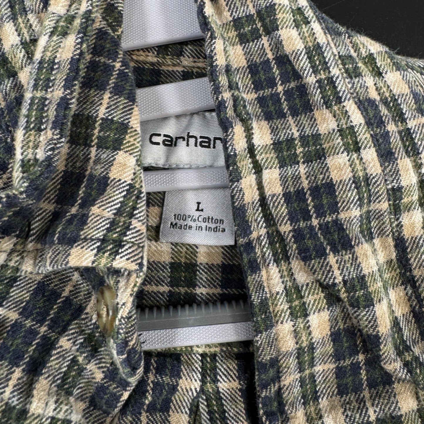 Carhartt Mens Flannel Shirt L Green Plaid Long Sleeve Button Down Cotton