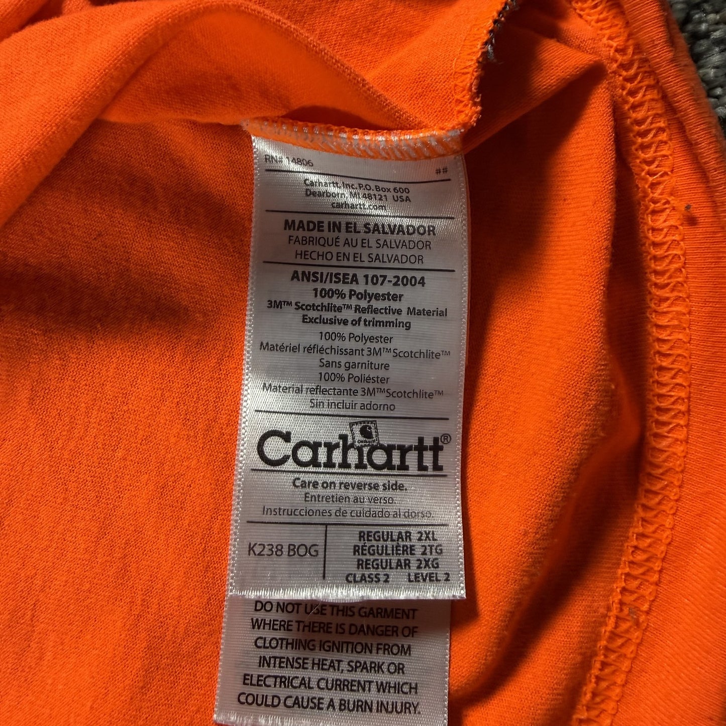 Carhartt Mens Short Sleeve 2XL Orange T Shirt Hi-Vis Reflective BNSF Railway