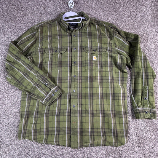 Carhartt Mens Long Sleeve Flannel Shirt 2XL Tall Green Plaid Work Loose Fit
