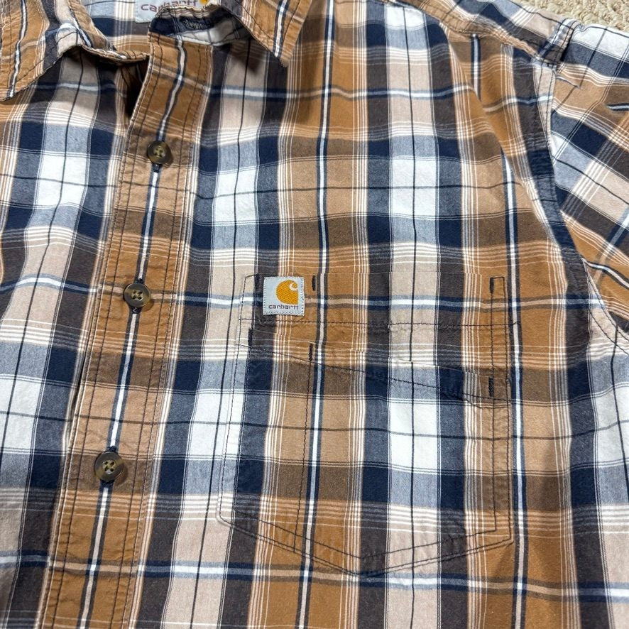 Carhartt Mens Short Sleeve Button Up Shirt L Large Tall Brown Plaid Relaxed Fit