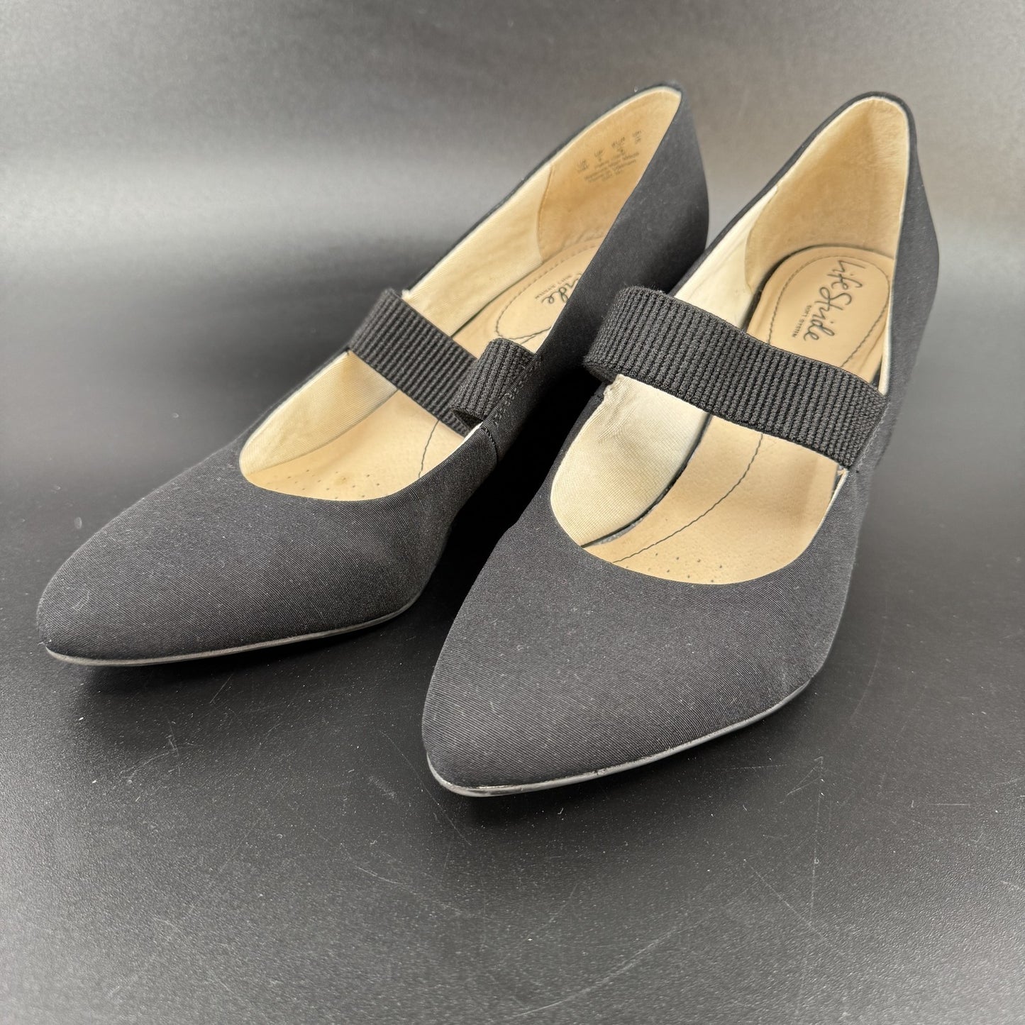 LifeStride Womens Mary Jane Wedges 10M Black Brushed Fabric Strap Pointed Toe