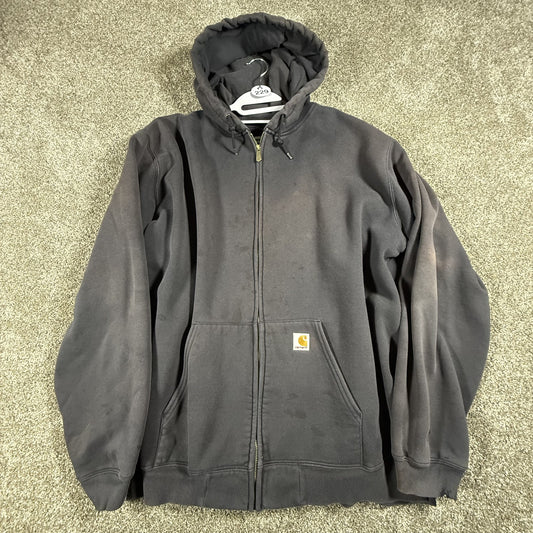 Carhartt Mens Full Zip Hoodie 2XL Tall Black Faded Workwear Sweatshirt STAINED