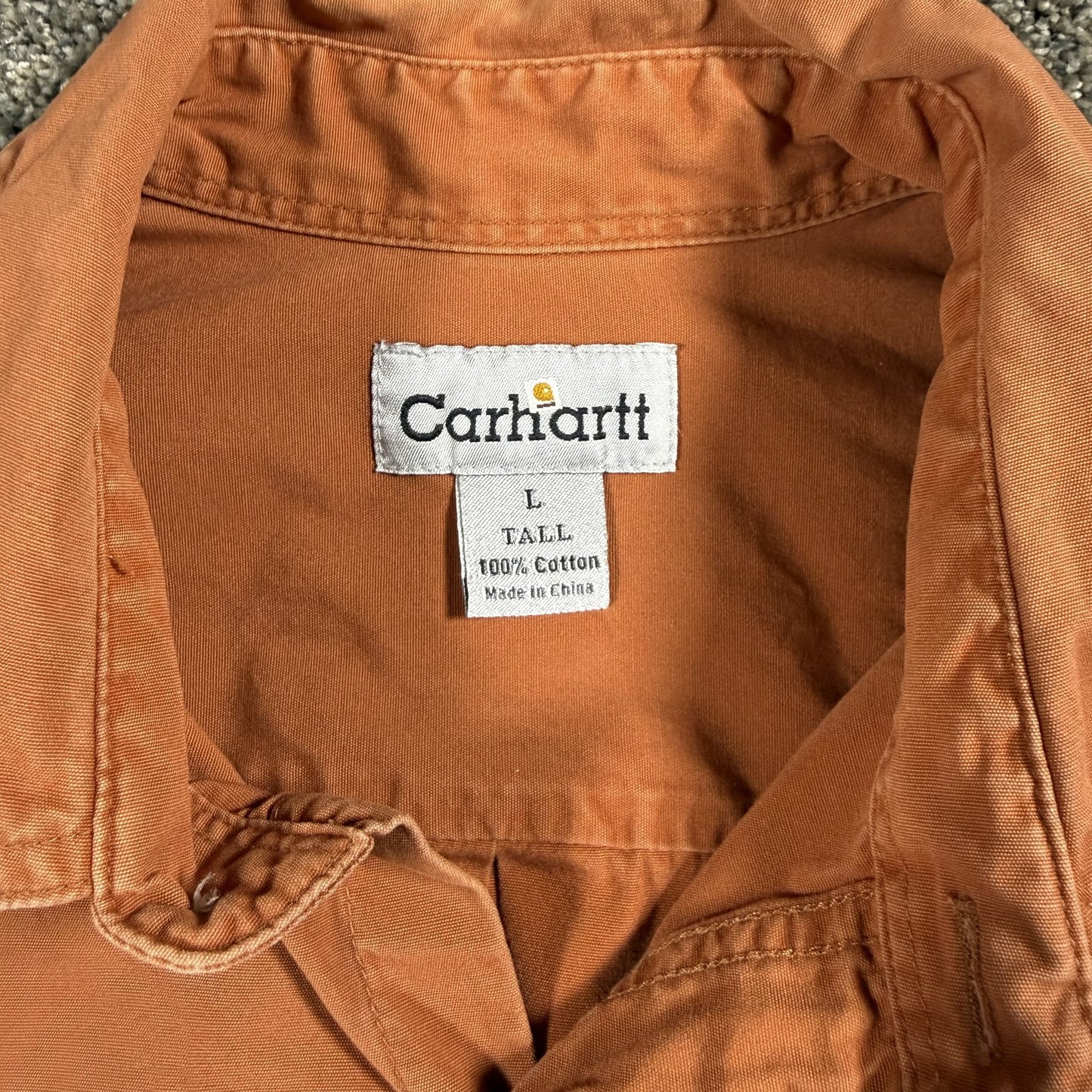Carhartt Orange Mens Work Shirt Short Sleeve Button Up L Tall Cotton Stains