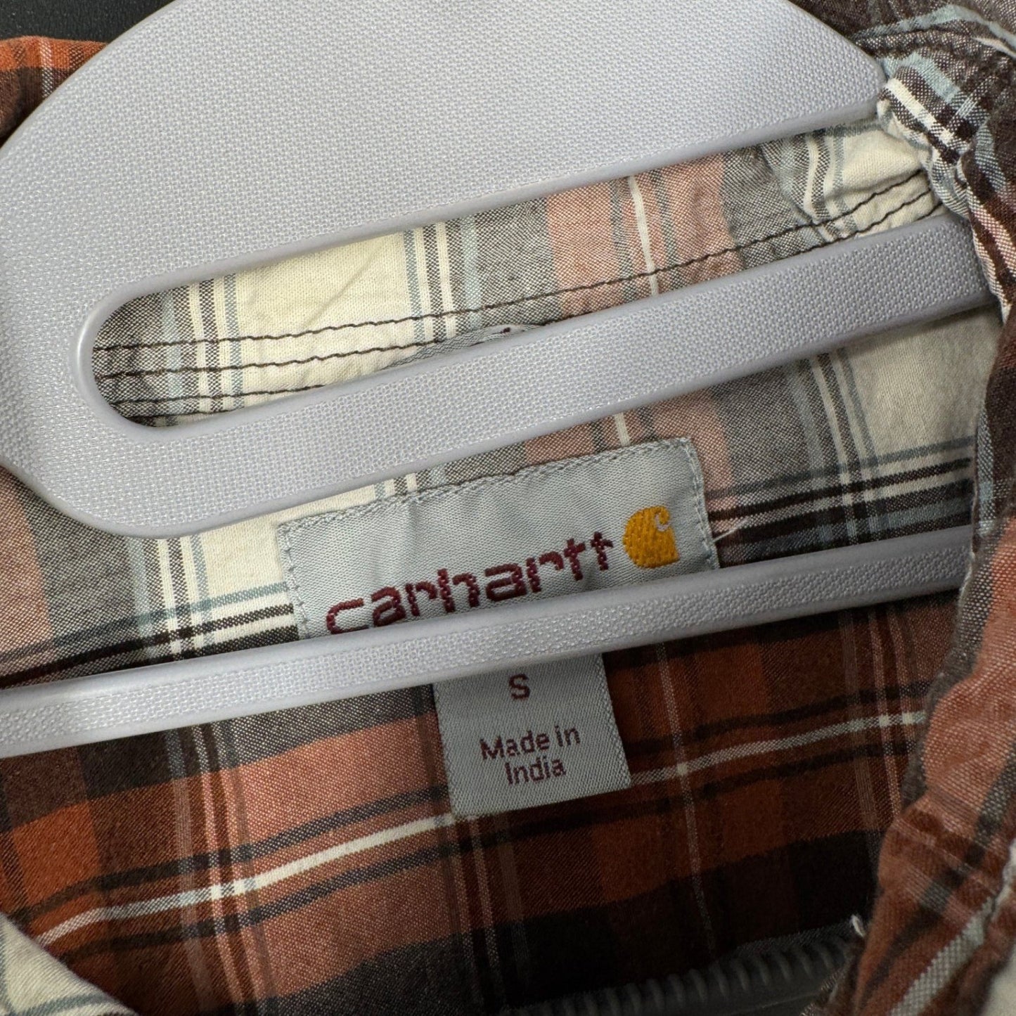 Carhartt Mens S Button Up Shirt Small Orange Plaid Short Sleeve Workwear