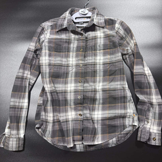Carhartt Womens XS Long Sleeve Flannel Shirt Gray Plaid Button Up Workwear