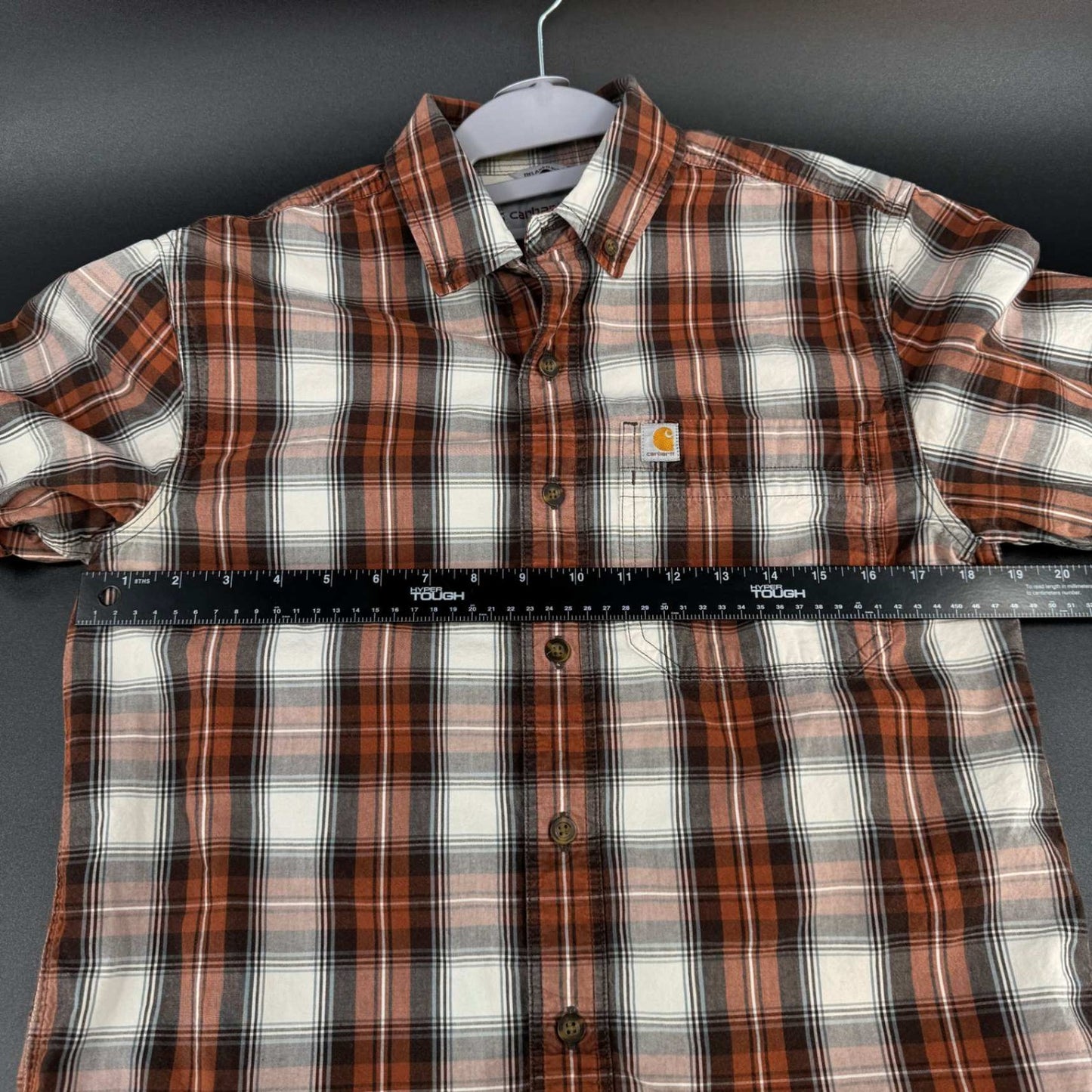 Carhartt Mens S Button Up Shirt Small Orange Plaid Short Sleeve Workwear