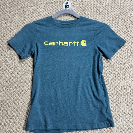 Carhartt Boys/Girls T-Shirt Size 7 Teal Blue Graphic Spellout Short Sleeve Tee