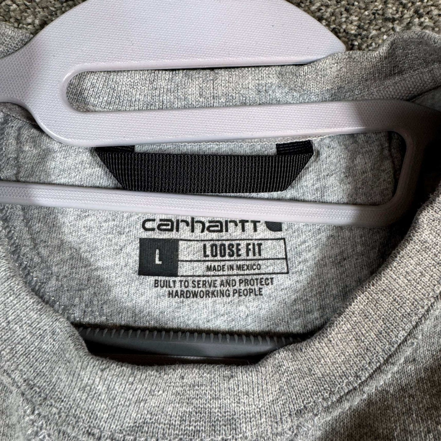 Carhartt Mens Sweatshirt Large Gray Loose Fit Pullover Crewneck Spellout STAINS