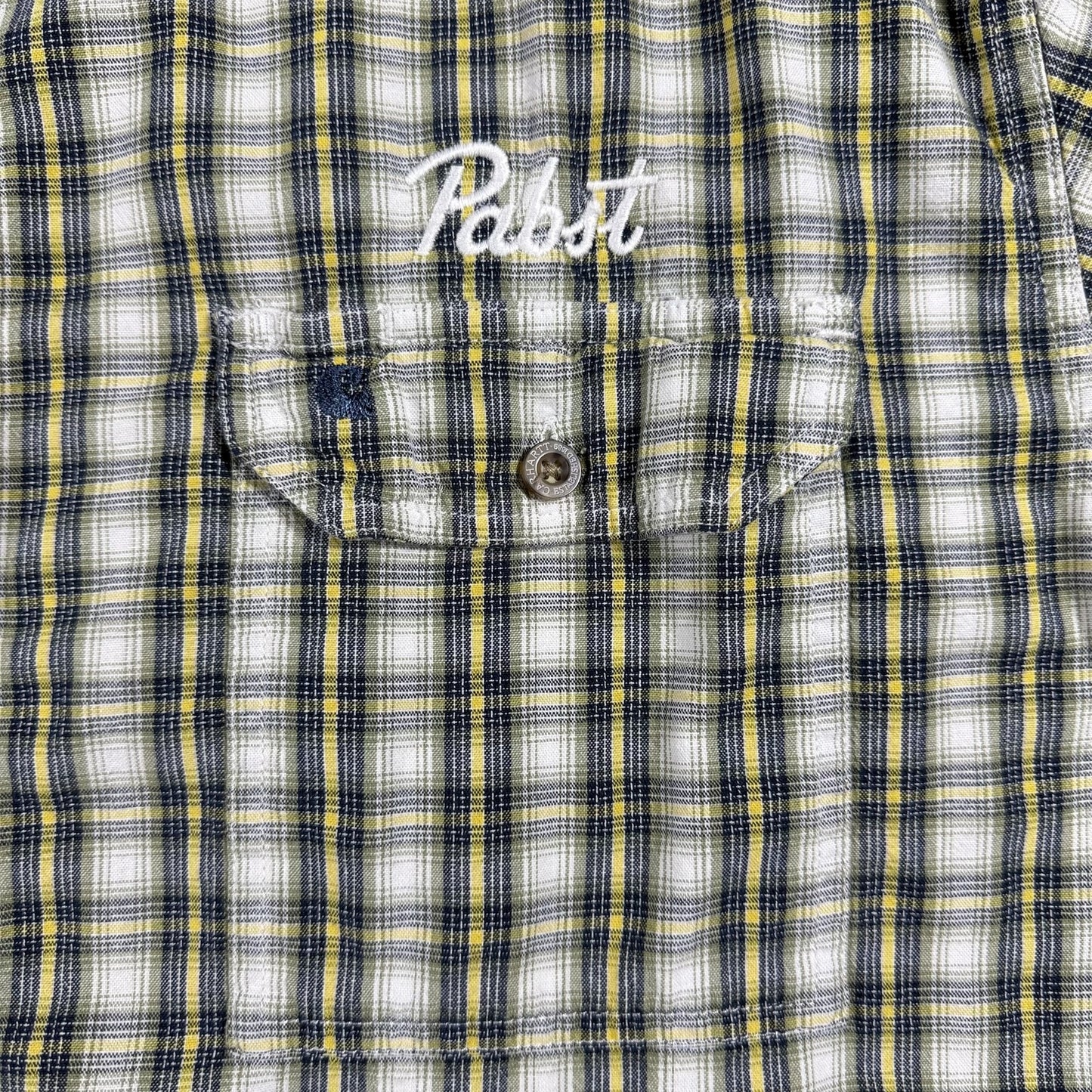 Carhartt Mens XL Short Sleeve Button Down Shirt Pabst PBR Logo Plaid Cotton