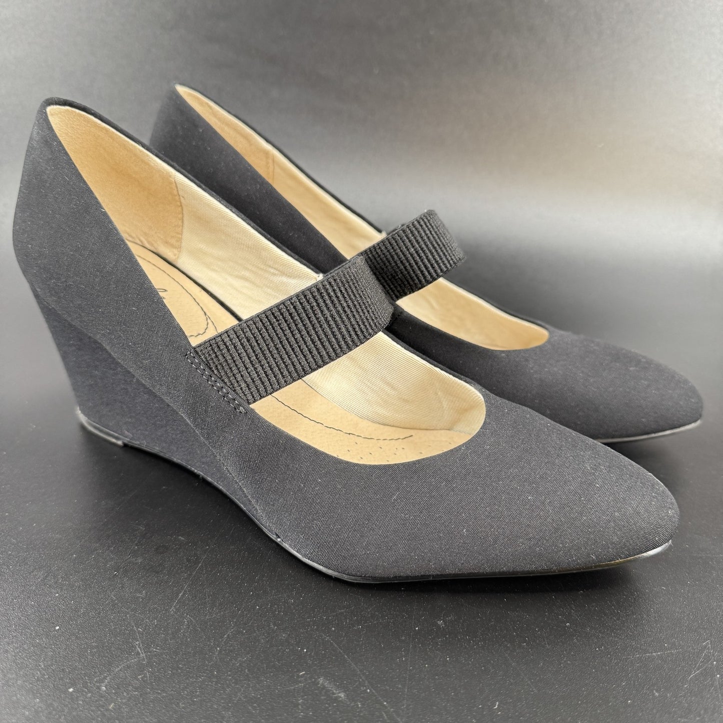 LifeStride Womens Mary Jane Wedges 10M Black Brushed Fabric Strap Pointed Toe