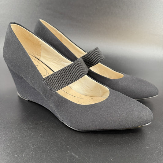 LifeStride Womens Mary Jane Wedges 10M Black Brushed Fabric Strap Pointed Toe