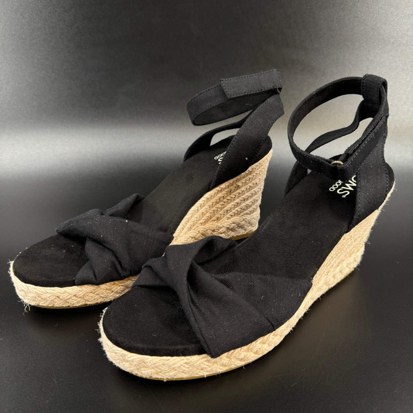 Toms Womens Wedge Sandals Espadrille Size 10 Black Ankle Strap Open Toe