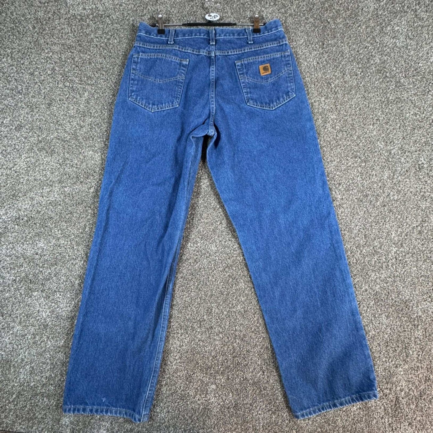 Carhartt Mens B167 DST Jeans 36x34 Blue Denim Relaxed Fit Leather Patch Pants