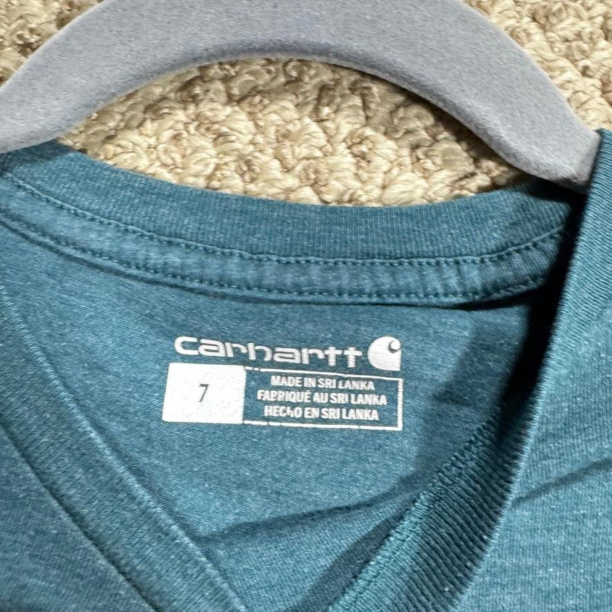 Carhartt Boys/Girls T-Shirt Size 7 Teal Blue Graphic Spellout Short Sleeve Tee