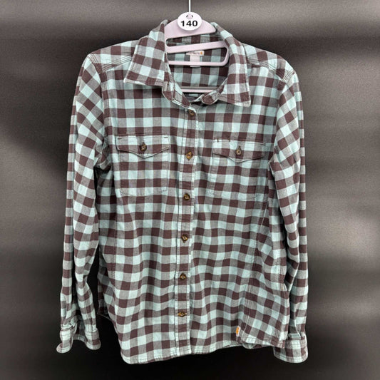 Carhartt Womens S Flannel Button Up Shirt Long Sleeve Plaid Blue Brown