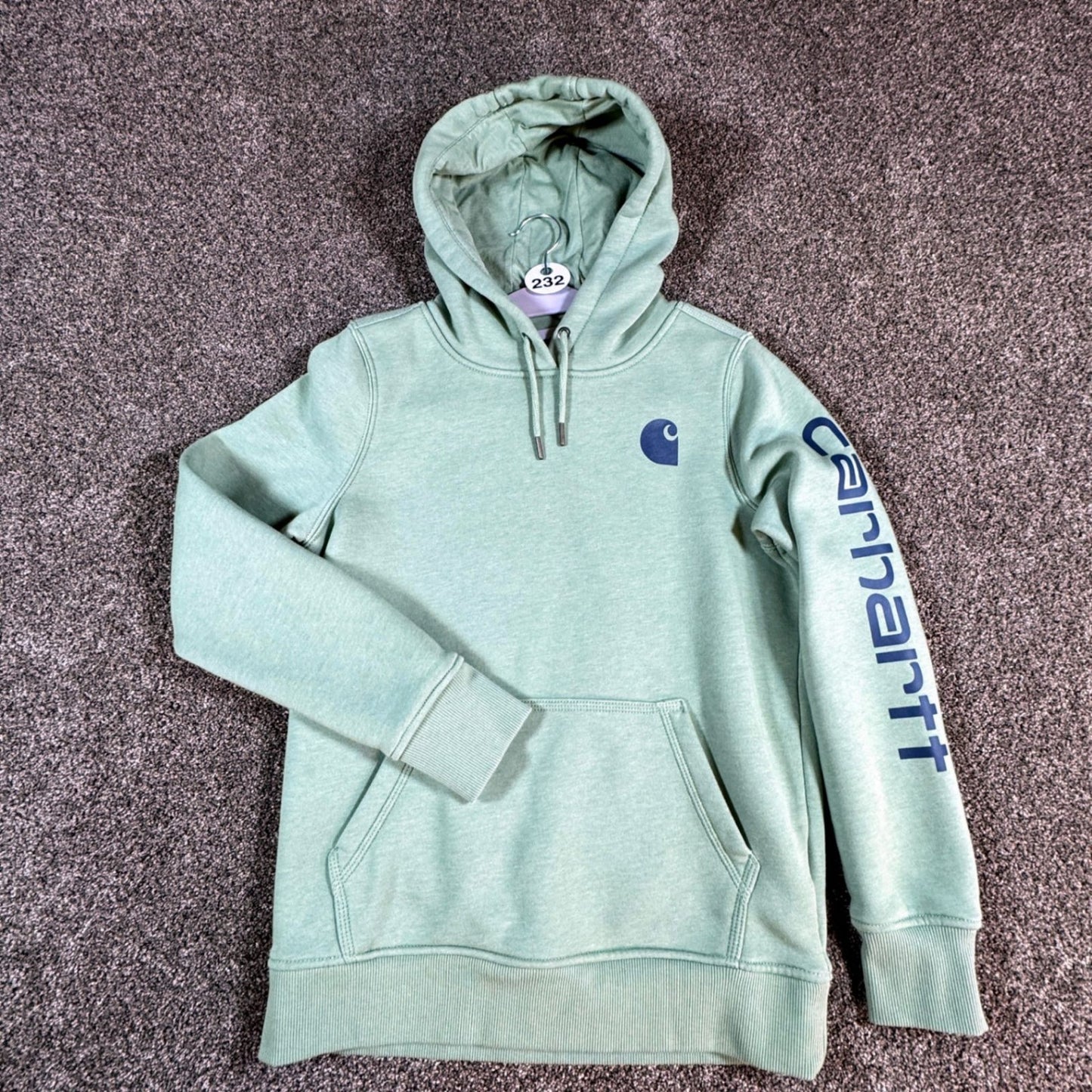 Carhartt Womens Hoodie Sweatshirt S 4-6 Green Relaxed Fit Clarksburg Spellout