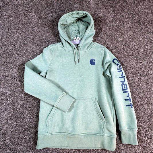 Carhartt Womens Hoodie Sweatshirt S 4-6 Green Relaxed Fit Clarksburg Spellout