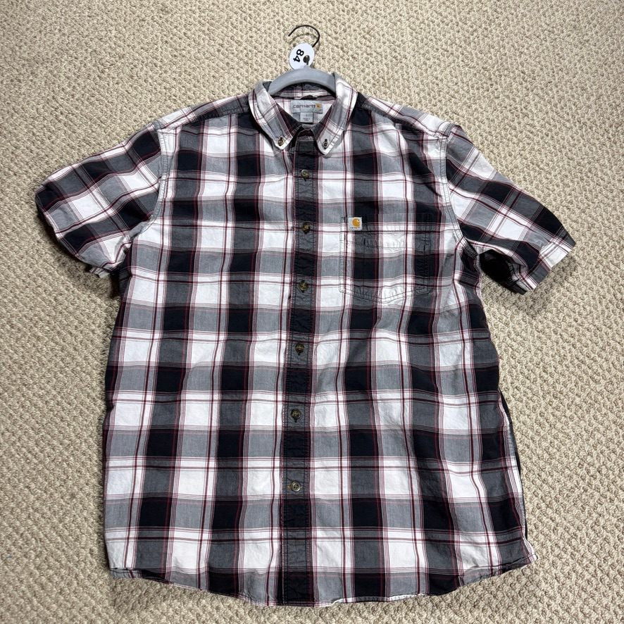 Carhartt Mens L Short Sleeve Button Up Shirt White Red Black Plaid Relaxed Fit