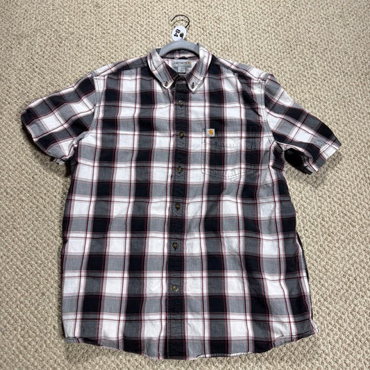Carhartt Mens L Short Sleeve Button Up Shirt White Red Black Plaid Relaxed Fit
