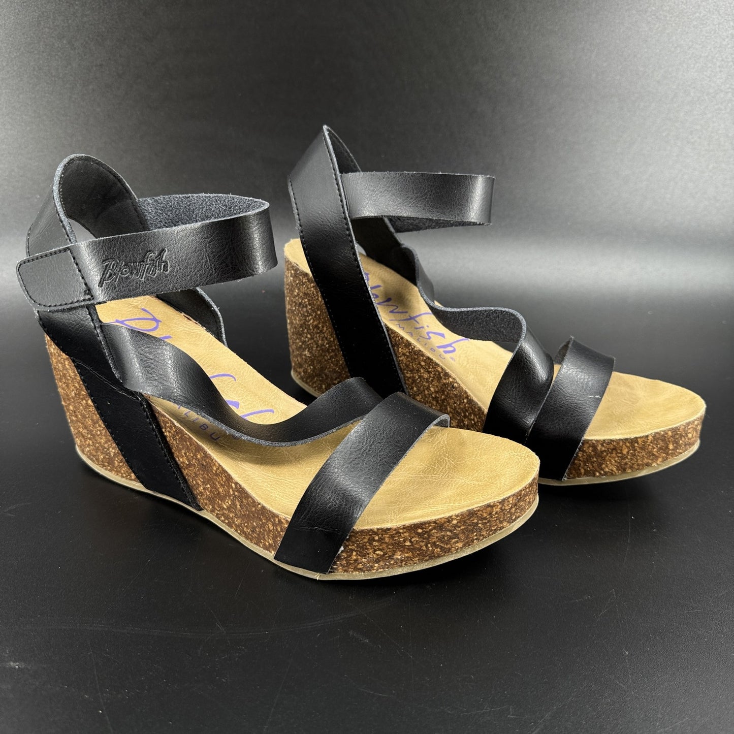 Blowfish Malibu Womens 10 Wedge Sandals Shoes Black Cork Platform Strappy
