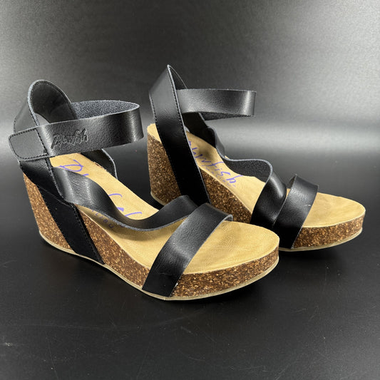 Blowfish Malibu Womens 10 Wedge Sandals Shoes Black Cork Platform Strappy