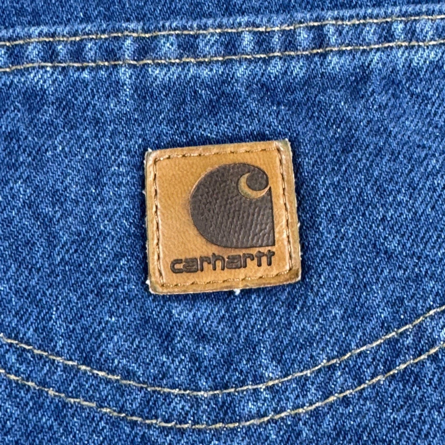 Carhartt Mens B167 DST Jeans 36x34 Blue Denim Relaxed Fit Leather Patch Pants