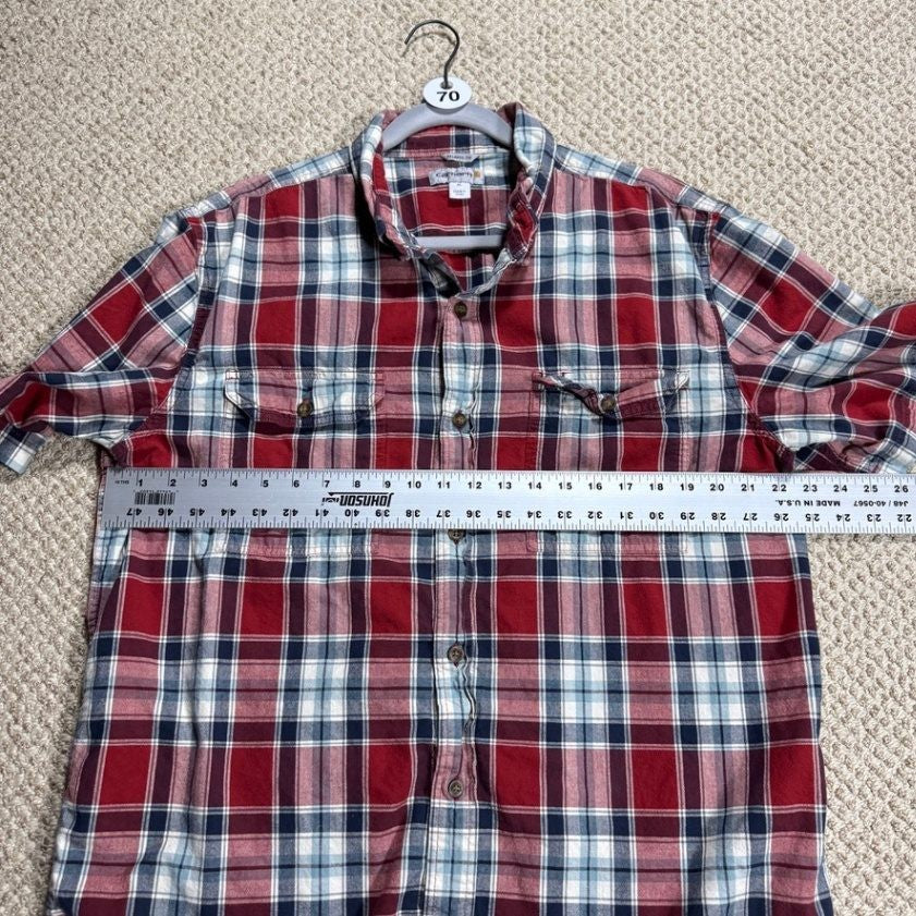 Carhartt Mens Relaxed Fit Plaid Button Up Shirt XL Red Blue Short Sleeve