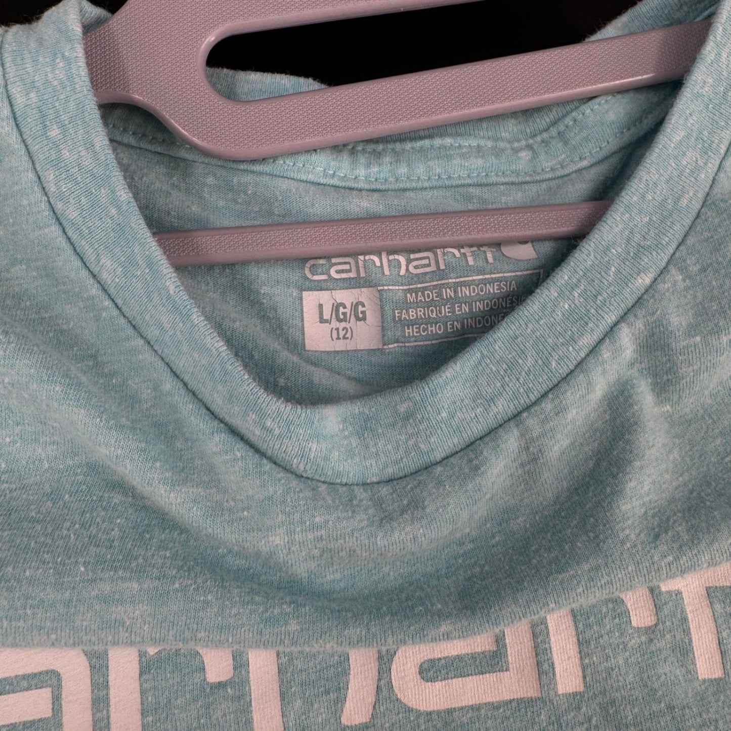 Carhartt Girls Size L 12 T-Shirt  Light Blue/Green Short Sleeve Graphic Logo Tee