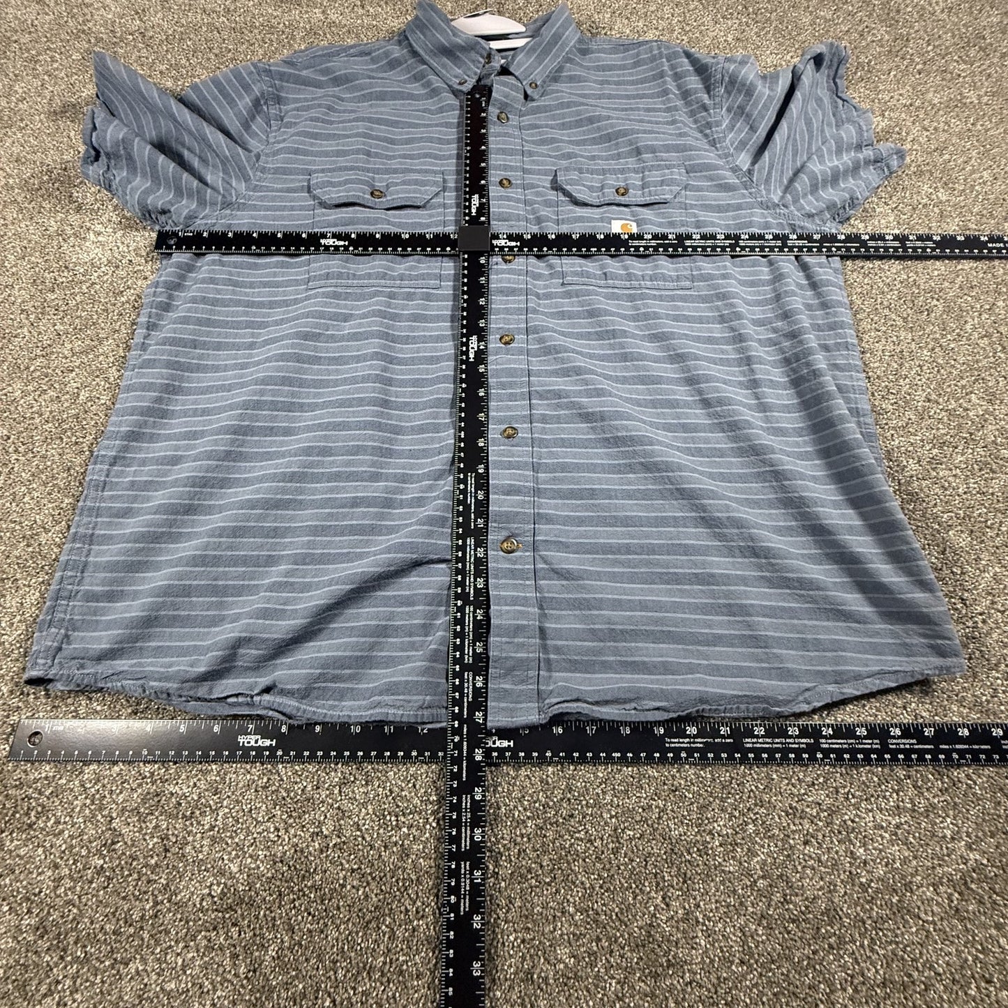 Carhartt Mens Short Sleeve Button Up Shirt 2XL Blue Gray Striped Loose Fit