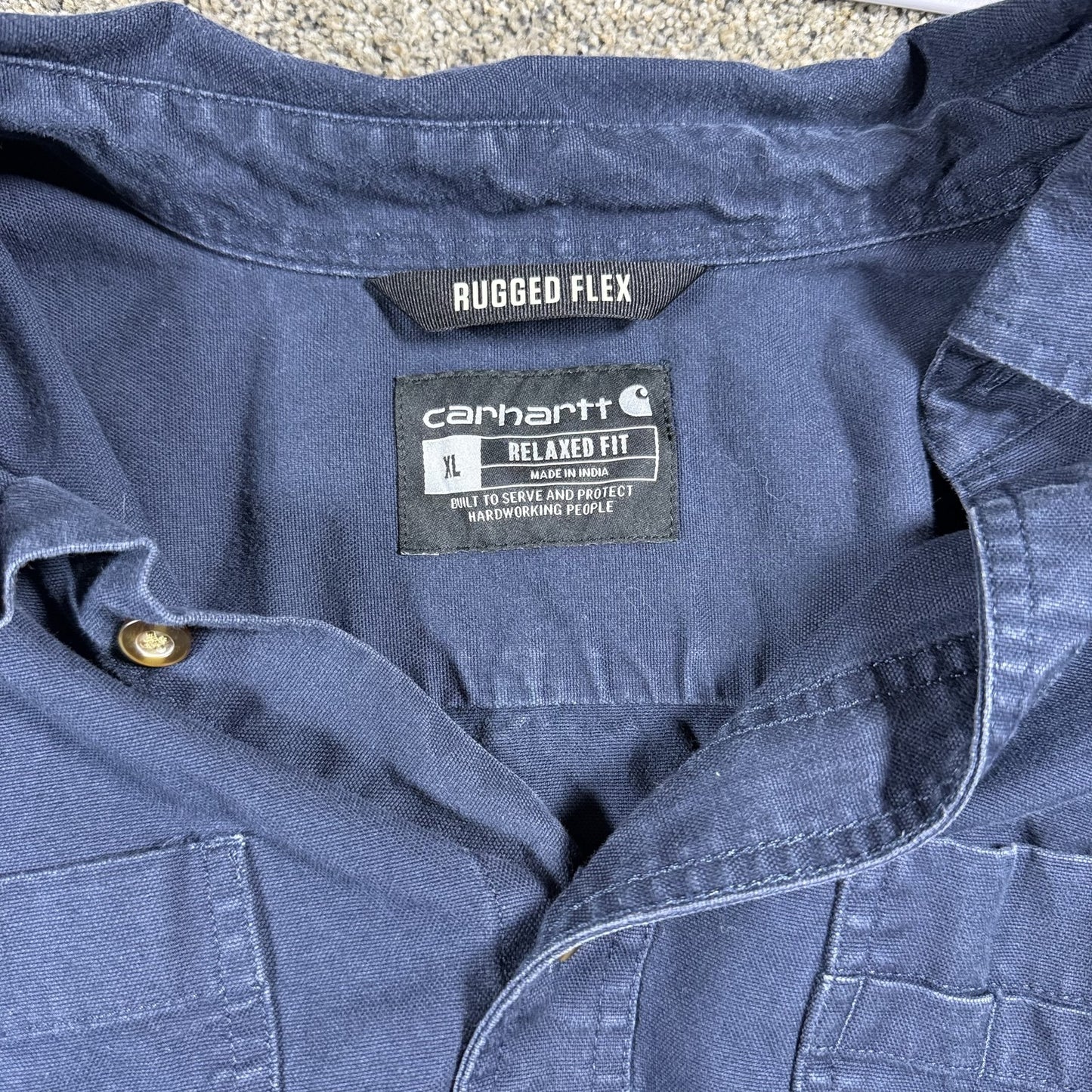 Carhartt Blue Mens Short Sleeve Rugged Flex Button Up Shirt XL Navy Relaxed Fit
